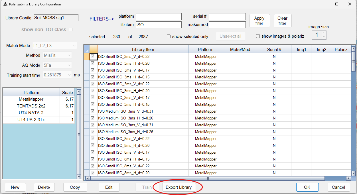 Polarizability Library Configuration dialog with the Export Library button
