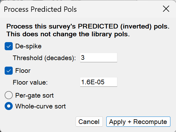 Polarizability processing settings dialog