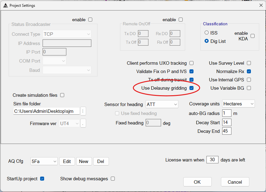 Project Settings dialog showing the Use Delaunay gridding checkbox