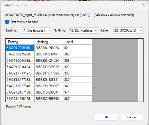 Select Columns dialog for mapping file columns to Easting, Northing, and Label