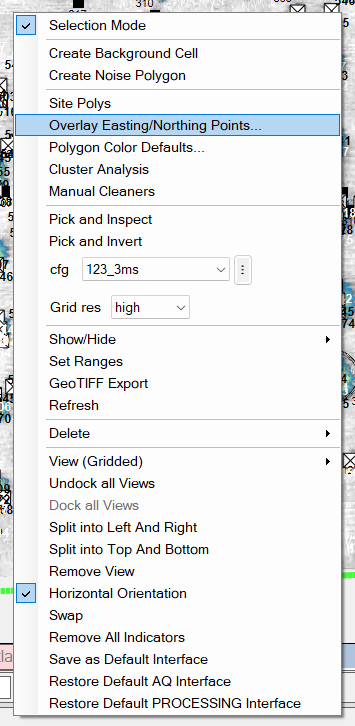 Grid view right-click menu with Overlay Easting/Northing Points highlighted