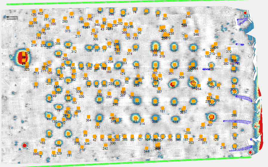 Grid view showing many imported overlay points with their text labels