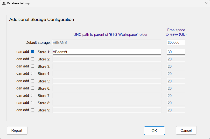 Database Settings window showing Additional Storage Configuration