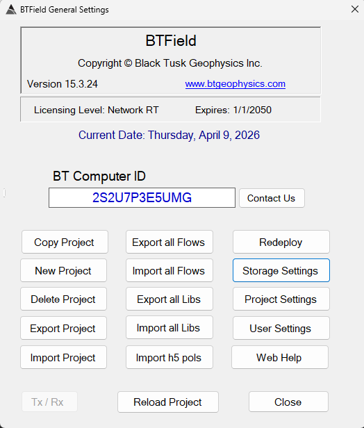 BTField General Settings dialog showing the Storage Settings button
