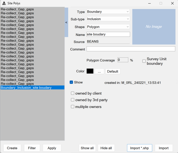Site Polys form with per-polygon colour controls
