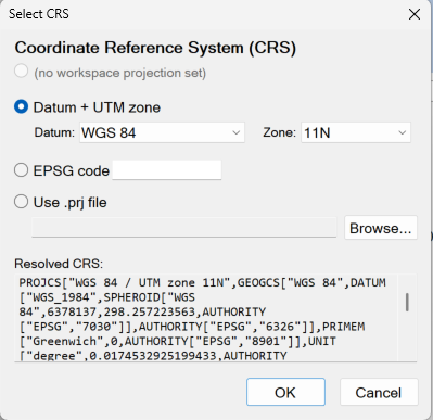Select CRS dialog with Datum + UTM zone chosen and Resolved CRS WKT preview