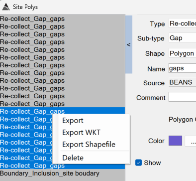 Site Polys polygon-list right-click menu
