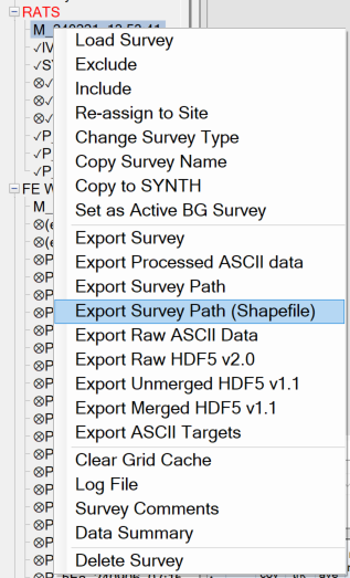 Master-survey context menu showing Export Survey Path and Export Survey Path (Shapefile)