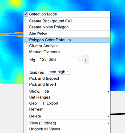 Grid view right-click menu showing GeoTIFF Export and Polygon Color Defaults